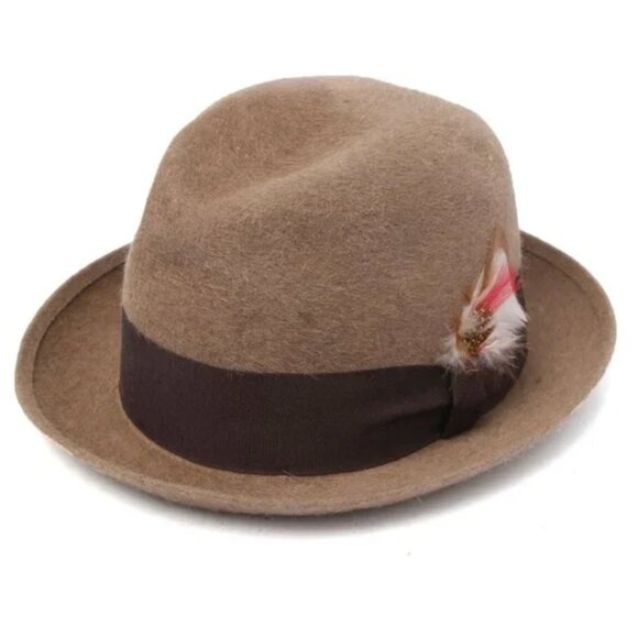 Vintage Men's Commardore Wool Felt Fedora Trilby Hat Retro Feather Brown Tan - Picture 2 of 11